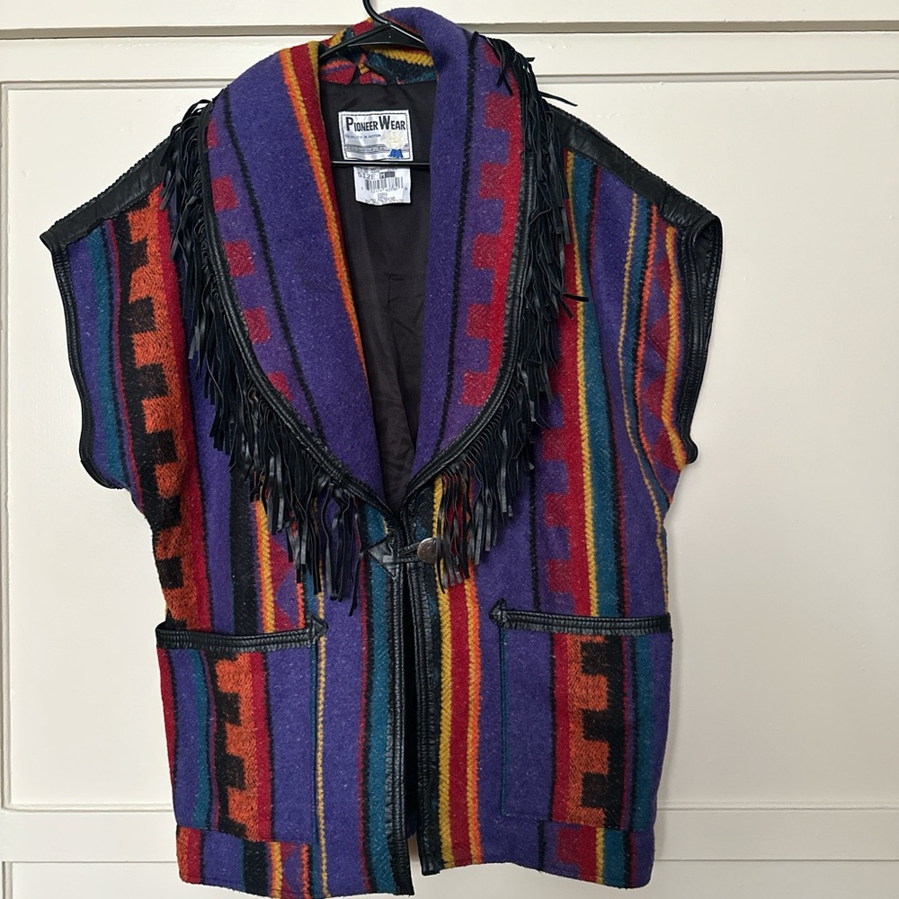 Vintage Pioneer Wear Leather and Wool Fringe Vest Multi-Color Medium